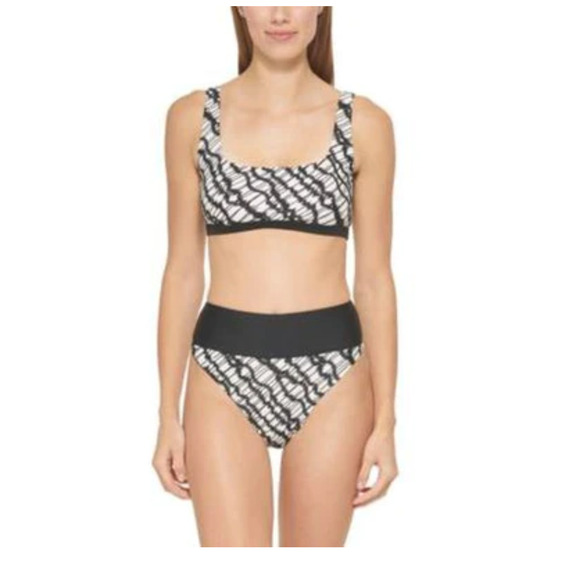 DKNY 2 PC Set Black & White High Waist Swim Bikini Top & Bottom Large / XL NWT - Picture 2 of 9